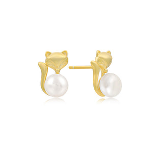 925 Sterling Silver Plated Gold Simple Cute Fox White Freshwater Pearl Stud Earrings