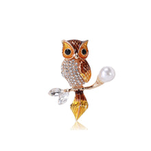 Load image into Gallery viewer, Fashion and Simple Plated Gold Enamel Brown Owl Imitation Pearl Brooch with Cubic Zirconia