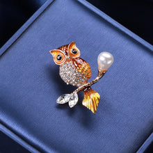 Load image into Gallery viewer, Fashion and Simple Plated Gold Enamel Brown Owl Imitation Pearl Brooch with Cubic Zirconia