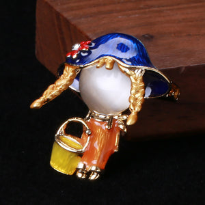 Simple and Cute Plated Gold Enamel Blue Hat Girl Brooch with Imitation Opal