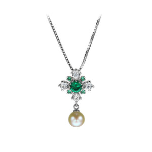 925 Sterling Silver Fashion and Elegant Flower Freshwater Pearl Pendant with Cubic Zirconia and Necklace