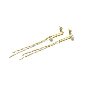 925 Sterling Silver Plated Gold Simple Temperament Geometric Freshwater Pearl Tassel Earrings