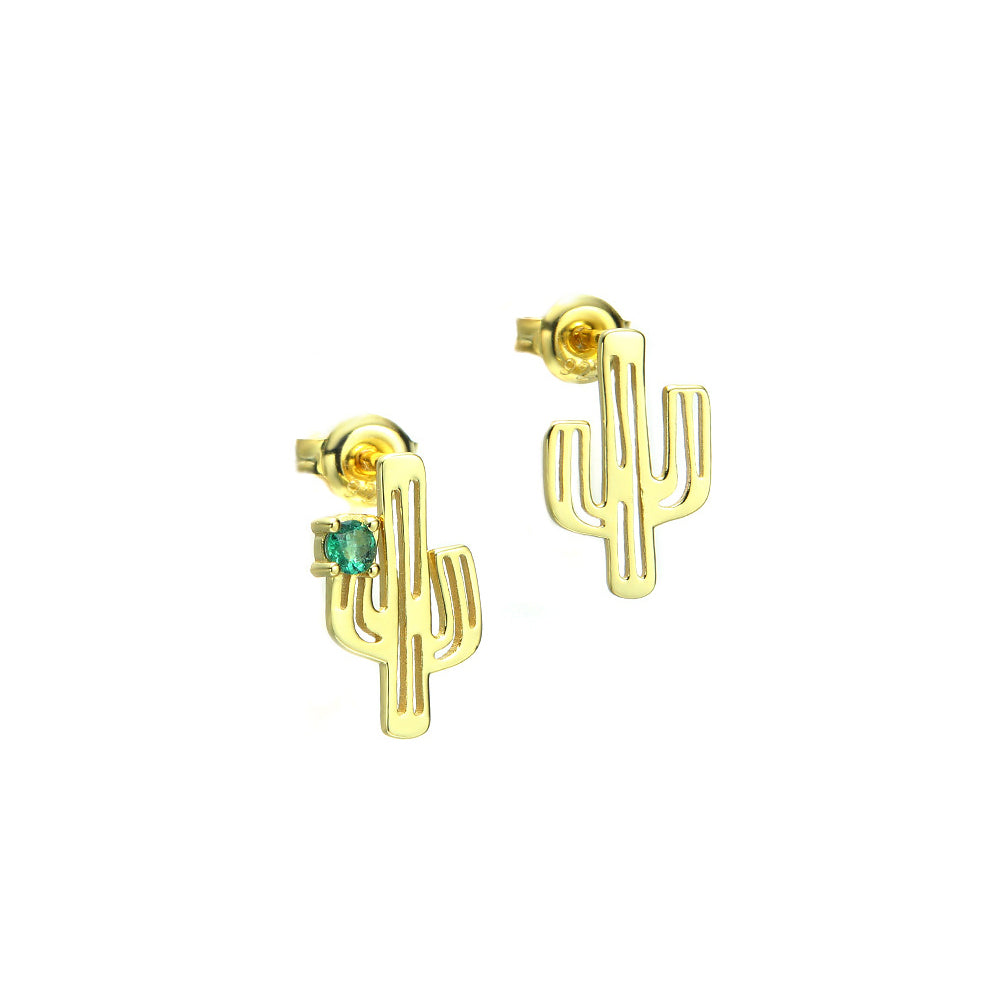 925 Sterling Silver Plated Gold Simple Creative Cactus Stud Earrings with Green Cubic Zirconia