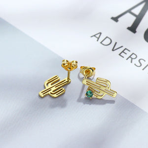 925 Sterling Silver Plated Gold Simple Creative Cactus Stud Earrings with Green Cubic Zirconia