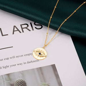 925 Sterling Silver Plated Gold Fashion Personality Devil's Eye Geometric Round Pendant with Cubic Zirconia and Necklace