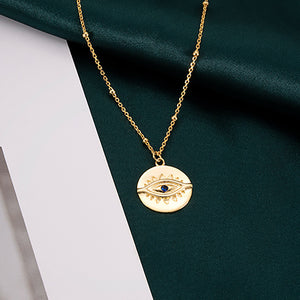 925 Sterling Silver Plated Gold Fashion Personality Devil's Eye Geometric Round Pendant with Cubic Zirconia and Necklace