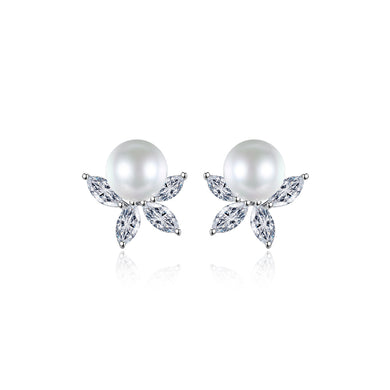 Simple Temperament Leaf Imitation Pearl Stud Earrings with Cubic Zirconia