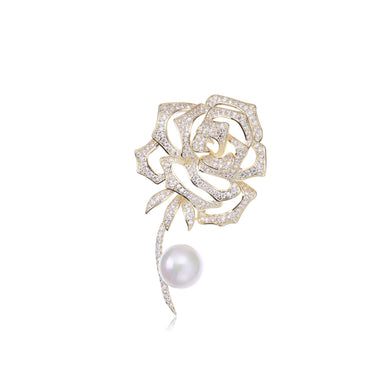 Fashion and Elegant Plated Gold Rose Flower Imitation Pearl Brooch with Cubic Zirconia