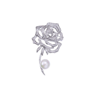 Fashion and Elegant Rose Flower Imitation Pearl Brooch with Cubic Zirconia