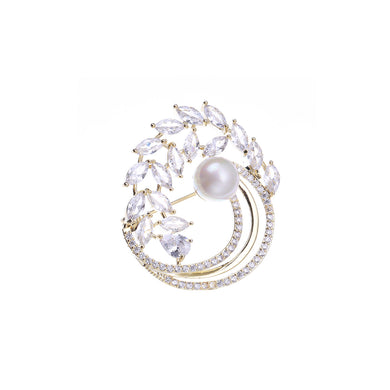Fashion and Elegant Plated Gold Floral Imitation Pearl Brooch with White Cubic Zirconia