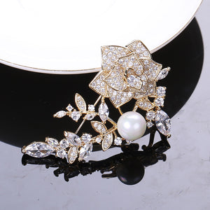 Fashion and Elegant Plated Gold Rose Flower Imitation Pearl Brooch with Cubic Zirconia