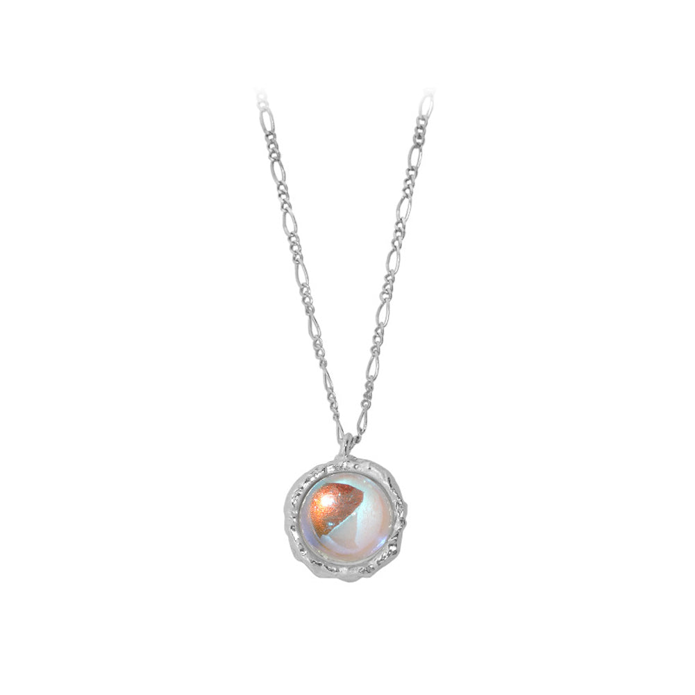 925 Sterling Silver Simple Fashion Geometric Round Imitation Moonstone Pendant with Necklace