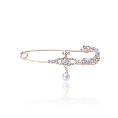 Fashion and Simple Plated Gold Planet Imitation Pearl Paperclip Brooch with Cubic Zirconia