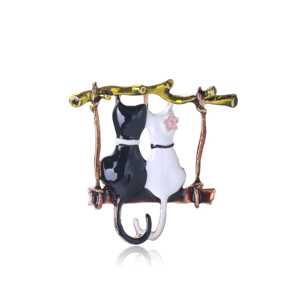 Fashion and Lovely Plated Gold Enamel Black and White Double Cat Brooch