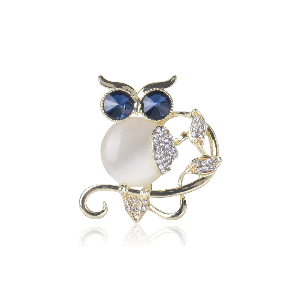 Fashion and Cute Plated Gold Owl Imitation Opal Brooch with Cubic Zirconia