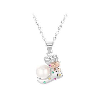 925 Sterling Silver Fashion Temperament Christmas Ribbon Socks Freshwater Pearl Pendant with Cubic Zirconia and Necklace