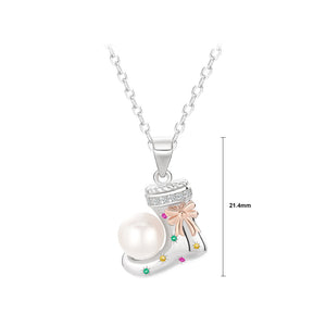925 Sterling Silver Fashion Temperament Christmas Ribbon Socks Freshwater Pearl Pendant with Cubic Zirconia and Necklace