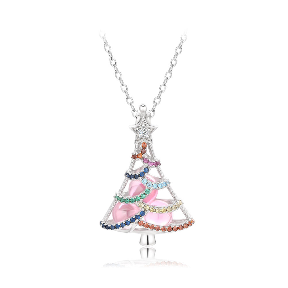 925 Sterling Silver Fashion Bright Color Christmas Tree Round Bead Pendant with Cubic Zirconia and Necklace