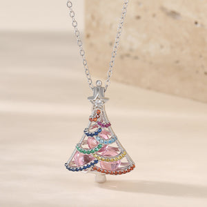 925 Sterling Silver Fashion Bright Color Christmas Tree Round Bead Pendant with Cubic Zirconia and Necklace