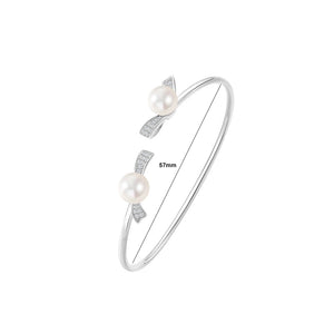 925 Sterling Silver Simple Temperament Ribbon Freshwater Pearl Open Bangle with Cubic Zirconia