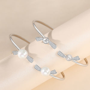 925 Sterling Silver Simple Temperament Ribbon Freshwater Pearl Open Bangle with Cubic Zirconia