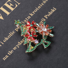 Load image into Gallery viewer, Fashion and Elegant Plated Gold Christmas Tree Red Flower Brooch with Cubic Zirconia