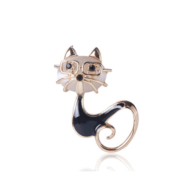 Simple and Cute Plated Gold Enamel Black Glasses Cat Brooch with Cubic Zirconia