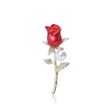 Fashion and Elegant Plated Gold Red Rose Imitation Pearl Brooch with Cubic Zirconia