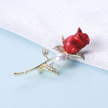Load image into Gallery viewer, Fashion and Elegant Plated Gold Red Rose Imitation Pearl Brooch with Cubic Zirconia