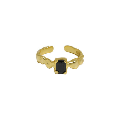 925 Sterling Silver Plated Gold Simple Temperament Irregular Geometric Black Cubic Zirconia Adjustable Opening Ring