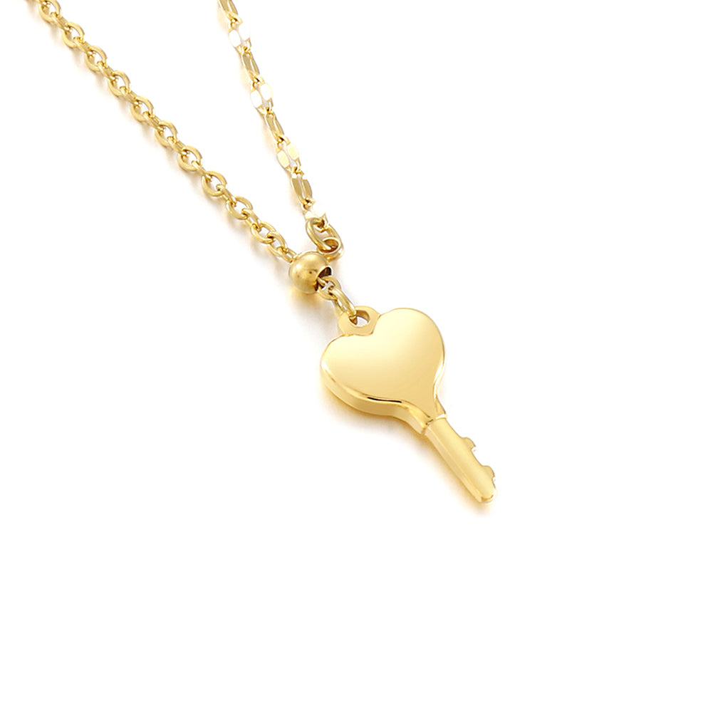 Simple Personality Plated Gold Heart-shaped Key 316L Stainless Steel Pendant with Necklace