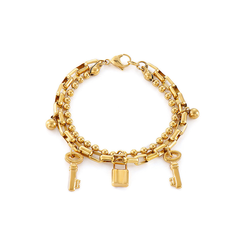 Fashion Simple Plated Gold Lock Key 316L Stainless Steel Double Layer Bracelet