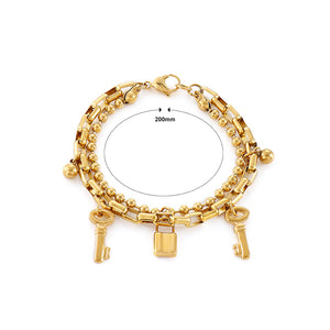 Fashion Simple Plated Gold Lock Key 316L Stainless Steel Double Layer Bracelet