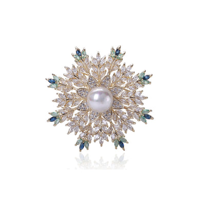 Fashion Bright Plated Gold Snowflake Imitation Pearl Brooch with Green Cubic Zirconia