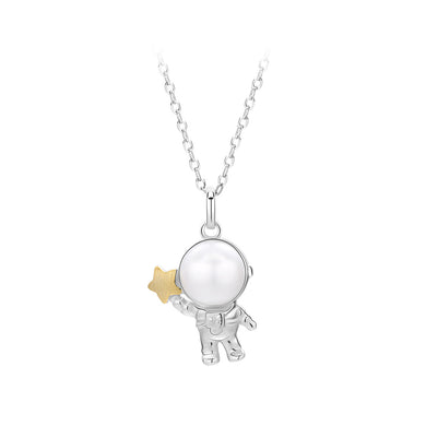 925 Sterling Silver Fashion Cute Astronaut Gold Star Pendant with Freshwater Pearl and Necklace