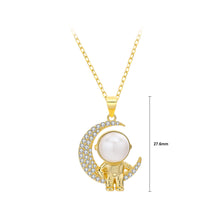 Load image into Gallery viewer, 925 Sterling Silver Plated Gold Fashion Creative Moon Astronaut Freshwater Pearl Pendant with Cubic Zirconia and Necklace