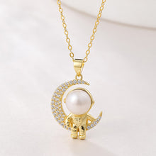 Load image into Gallery viewer, 925 Sterling Silver Plated Gold Fashion Creative Moon Astronaut Freshwater Pearl Pendant with Cubic Zirconia and Necklace