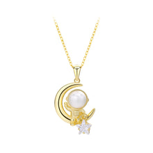 Load image into Gallery viewer, 925 Sterling Silver Plated Gold Fashion Creative Moon Star Astronaut Freshwater Pearl Pendant with Cubic Zirconia and Necklace