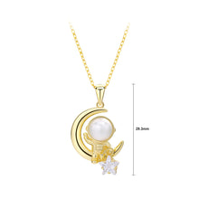 Load image into Gallery viewer, 925 Sterling Silver Plated Gold Fashion Creative Moon Star Astronaut Freshwater Pearl Pendant with Cubic Zirconia and Necklace