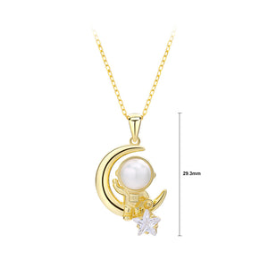 925 Sterling Silver Plated Gold Fashion Creative Moon Star Astronaut Freshwater Pearl Pendant with Cubic Zirconia and Necklace