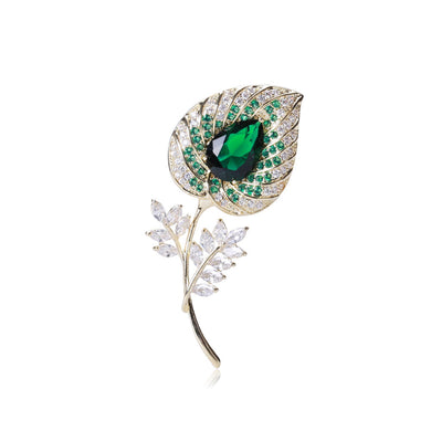 Elegant and Bright Plated Gold Leaf Brooch with Green Cubic Zirconia