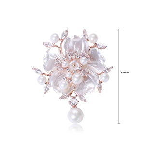 Fashion and Elegant Plated Rose Gold Camellia Mother-of-pearl Imitation Pearl Brooch with Cubic Zirconia