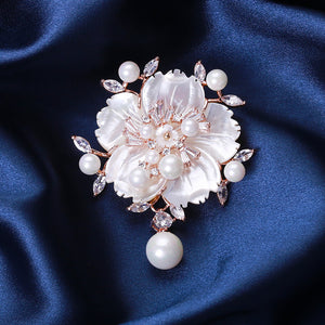 Fashion and Elegant Plated Rose Gold Camellia Mother-of-pearl Imitation Pearl Brooch with Cubic Zirconia