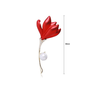 Simple Temperament Plated Gold Enamel Red Flower Imitation Pearl Brooch with Cubic Zirconia
