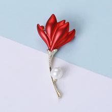 Load image into Gallery viewer, Simple Temperament Plated Gold Enamel Red Flower Imitation Pearl Brooch with Cubic Zirconia