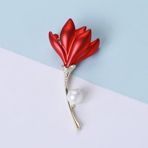 Simple Temperament Plated Gold Enamel Red Flower Imitation Pearl Brooch with Cubic Zirconia