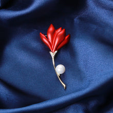 Load image into Gallery viewer, Simple Temperament Plated Gold Enamel Red Flower Imitation Pearl Brooch with Cubic Zirconia