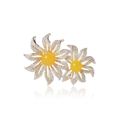 Fashion and Elegant Plated Gold Double Flower Brooch with Cubic Zirconia