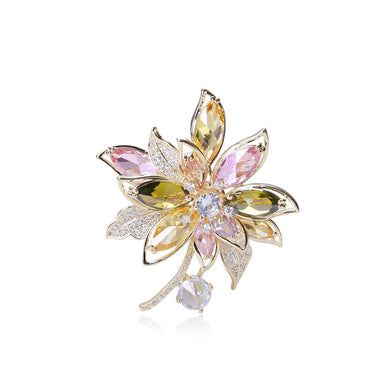Fashion Bright Plated Gold Color Flower Brooch with Cubic Zirconia