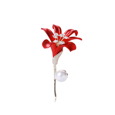 Elegant and Simple Plated Gold Enamel Red Flower Imitation Pearl Brooch with Cubic Zirconia